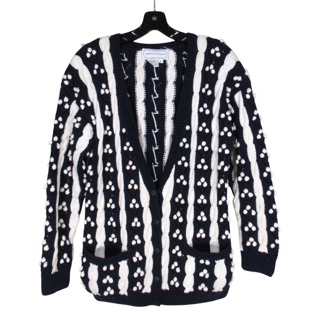 ADRIENNE VITTADINI Navy/White CABLE KNIT Pom Pom BUTTON-UP Sweater Cardigan Sz S